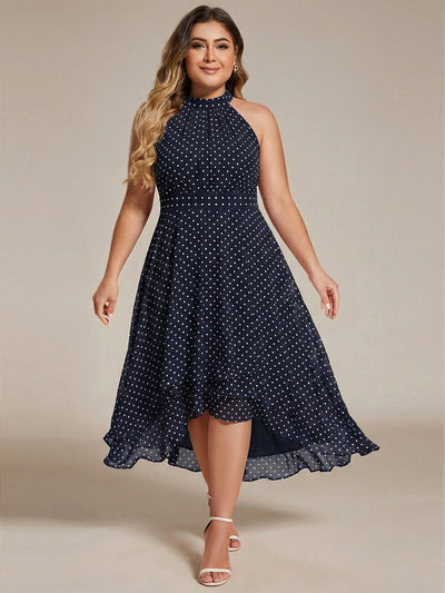 Flowy Plus Size Halter Neck Chiffon Midi Wedding Guest Dress #color_Navy Blue Polka Dots