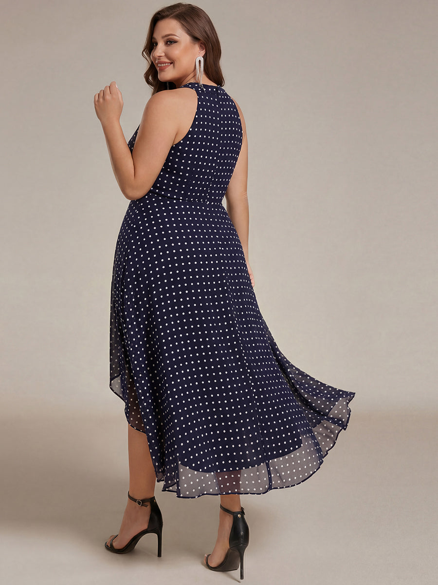 Flowy Plus Size Halter Neck Chiffon Midi Wedding Guest Dress #color_Navy Blue Polka Dots