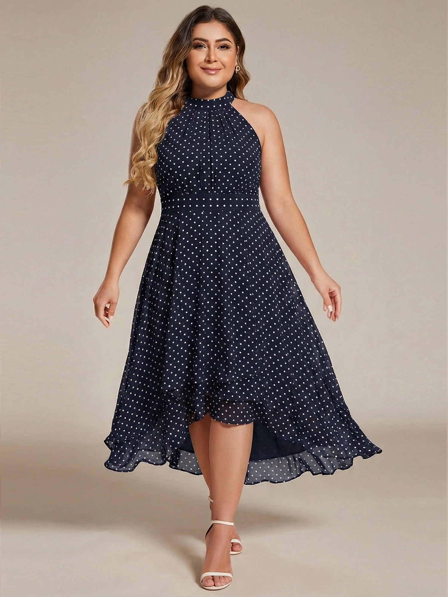 Midi Halter Neck Chiffon Wedding Guest Dress with Sleeveless and A-Line #color_Navy Blue Polka Dots