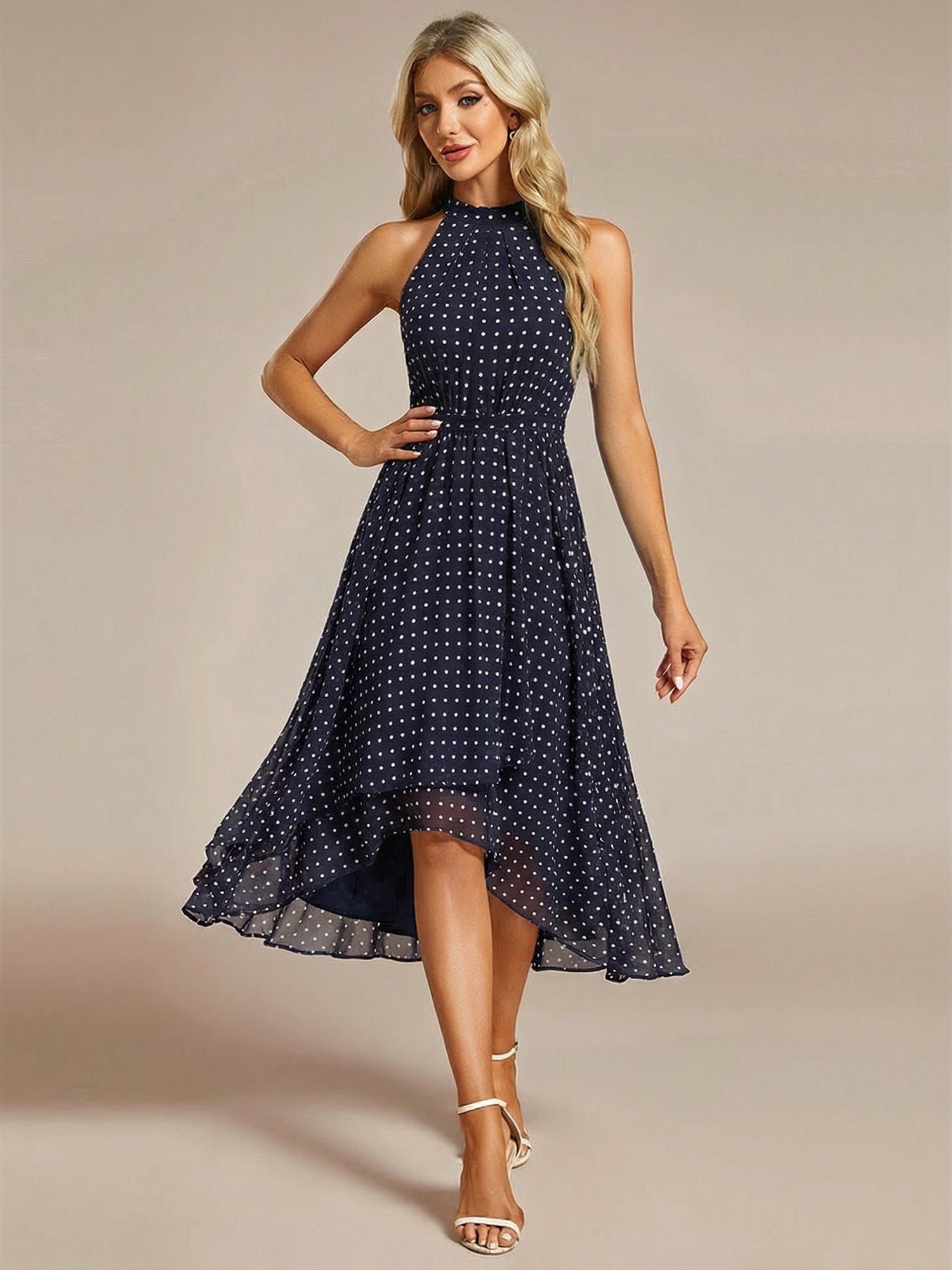 Midi Halter Neck Chiffon Wedding Guest Dress with Sleeveless and A-Line #color_Navy Blue Polka Dots