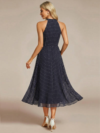 Midi Halter Neck Chiffon Wedding Guest Dress with Sleeveless and A-Line #color_Navy Blue Polka Dots