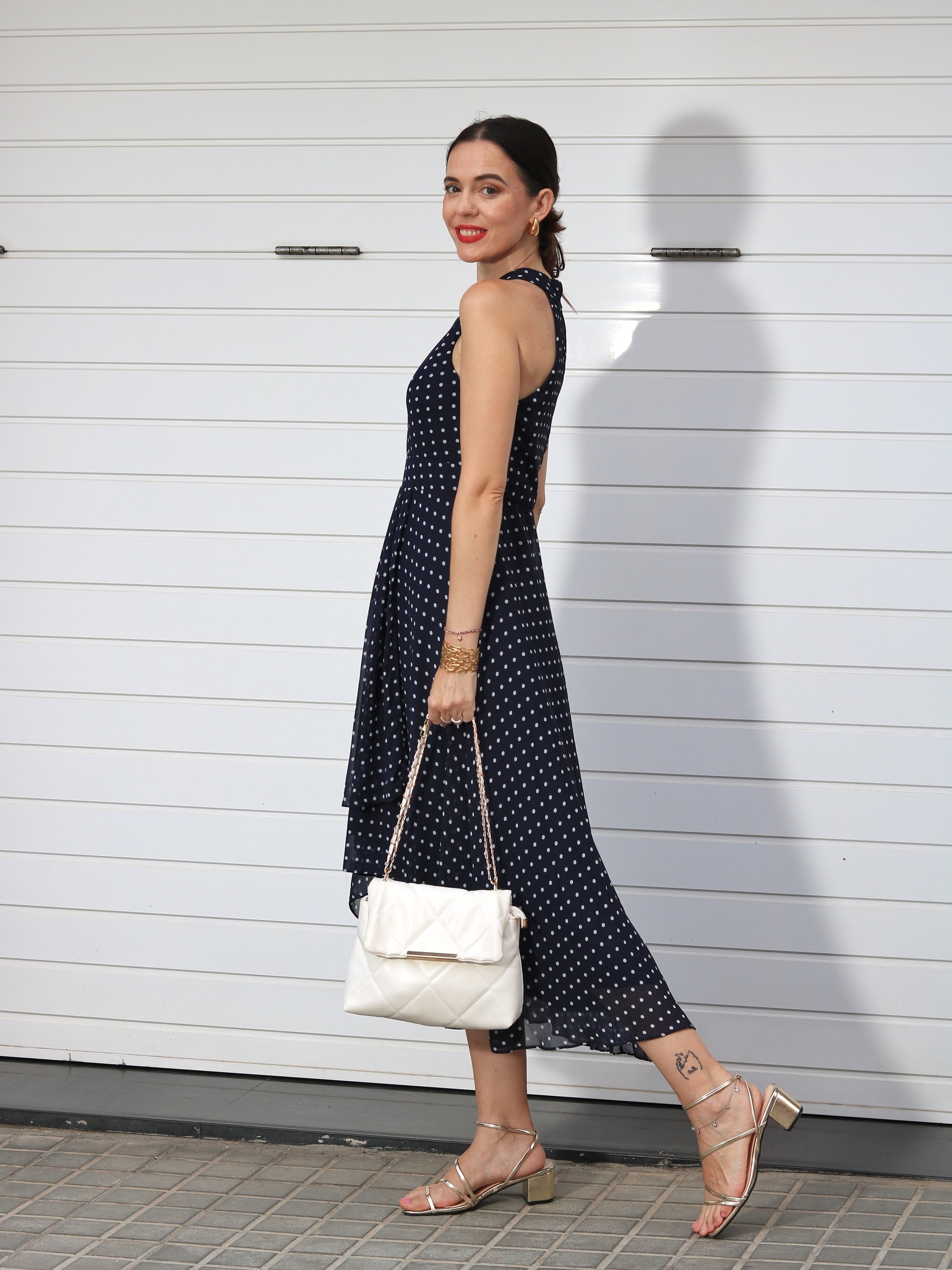 Midi Halter Neck Chiffon Wedding Guest Dress with Sleeveless and A-Line #color_Navy Blue Polka Dots