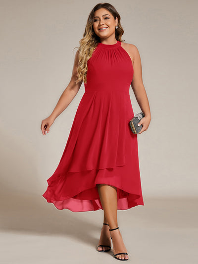Flowy Plus Size Halter Neck Chiffon Midi Wedding Guest Dress #color_Red