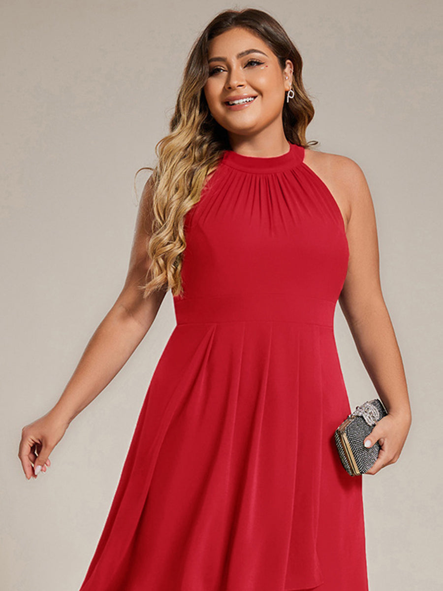 Midi Halter Neck Chiffon Wedding Guest Dress with Sleeveless and A-Line #color_Red