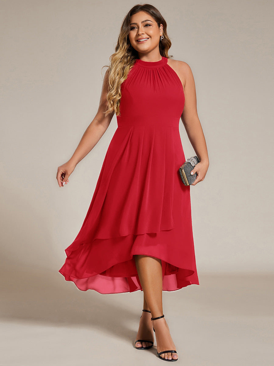 Midi Halter Neck Chiffon Wedding Guest Dress with Sleeveless and A-Line #color_Red