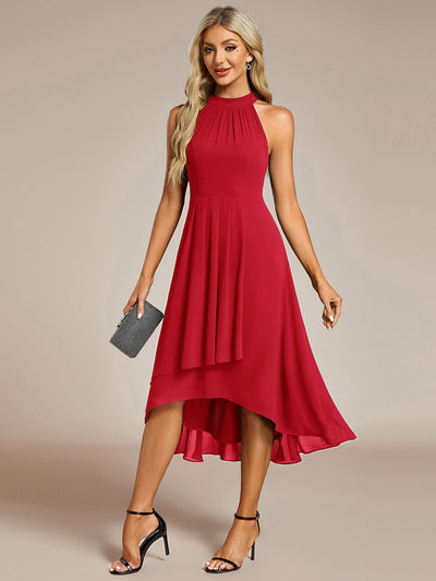 Midi Halter Neck Chiffon Wedding Guest Dress with Sleeveless and A-Line #color_Red