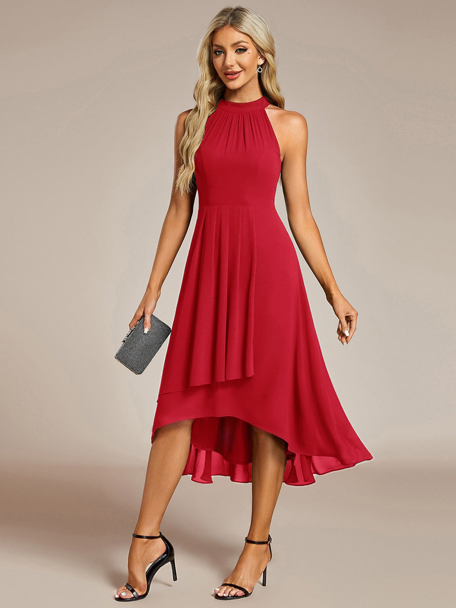 Midi Halter Neck Chiffon Wedding Guest Dress with Sleeveless and A-Line #color_Red