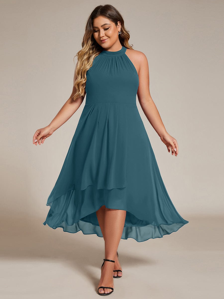 Midi Halter Neck Chiffon Wedding Guest Dress with Sleeveless and A-Line #color_Teal