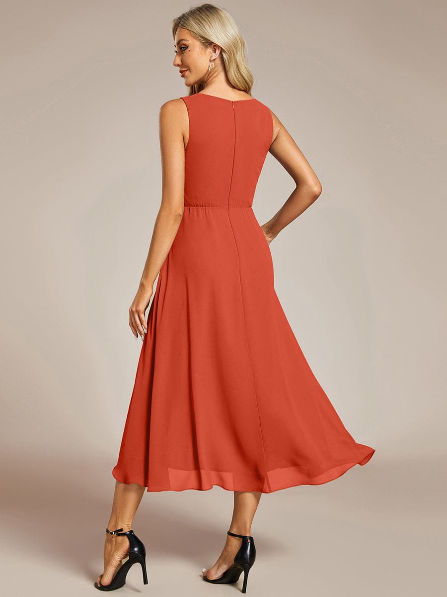 Sleeveless V-Neck High Low Wedding Guest Dress with Floral Applique #color_Burnt Orange