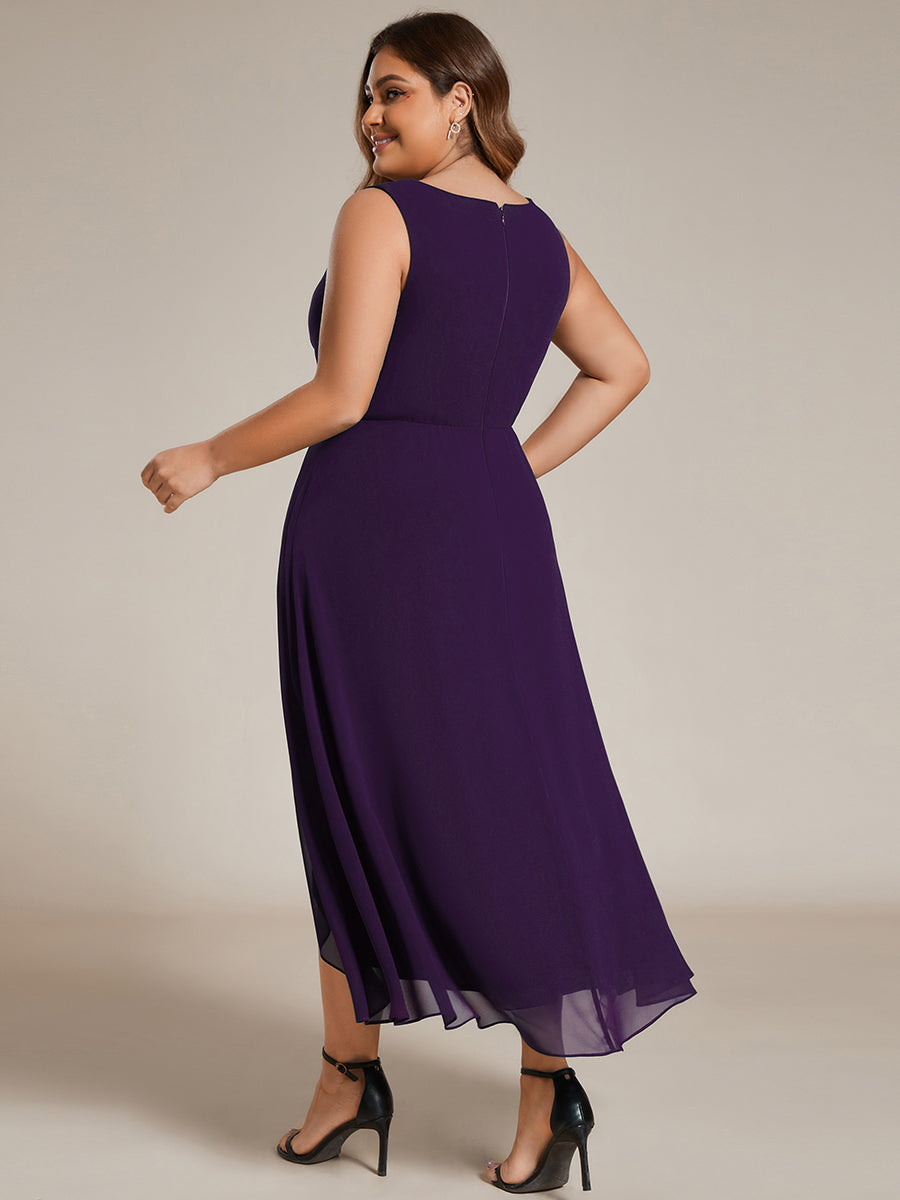 Sleeveless V-Neck High Low Wedding Guest Dress with Floral Applique #color_Dark Purple