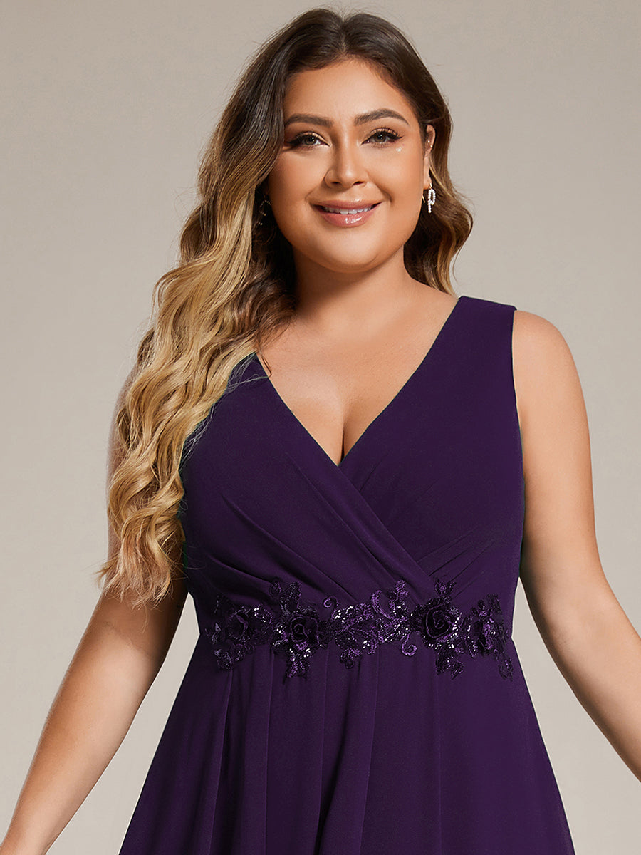 Sleeveless V-Neck High Low Wedding Guest Dress with Floral Applique #color_Dark Purple