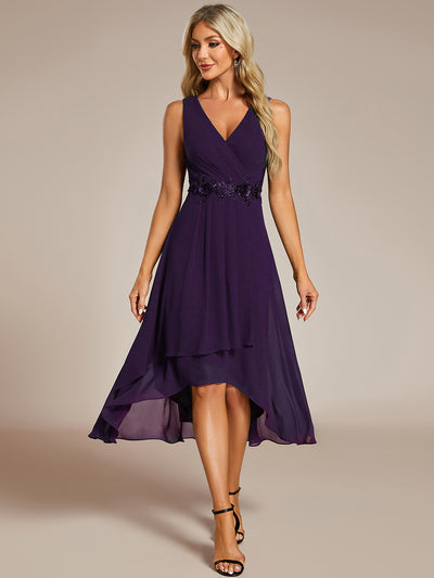 Sleeveless V-Neck High Low Wedding Guest Dress with Floral Applique #color_Dark Purple