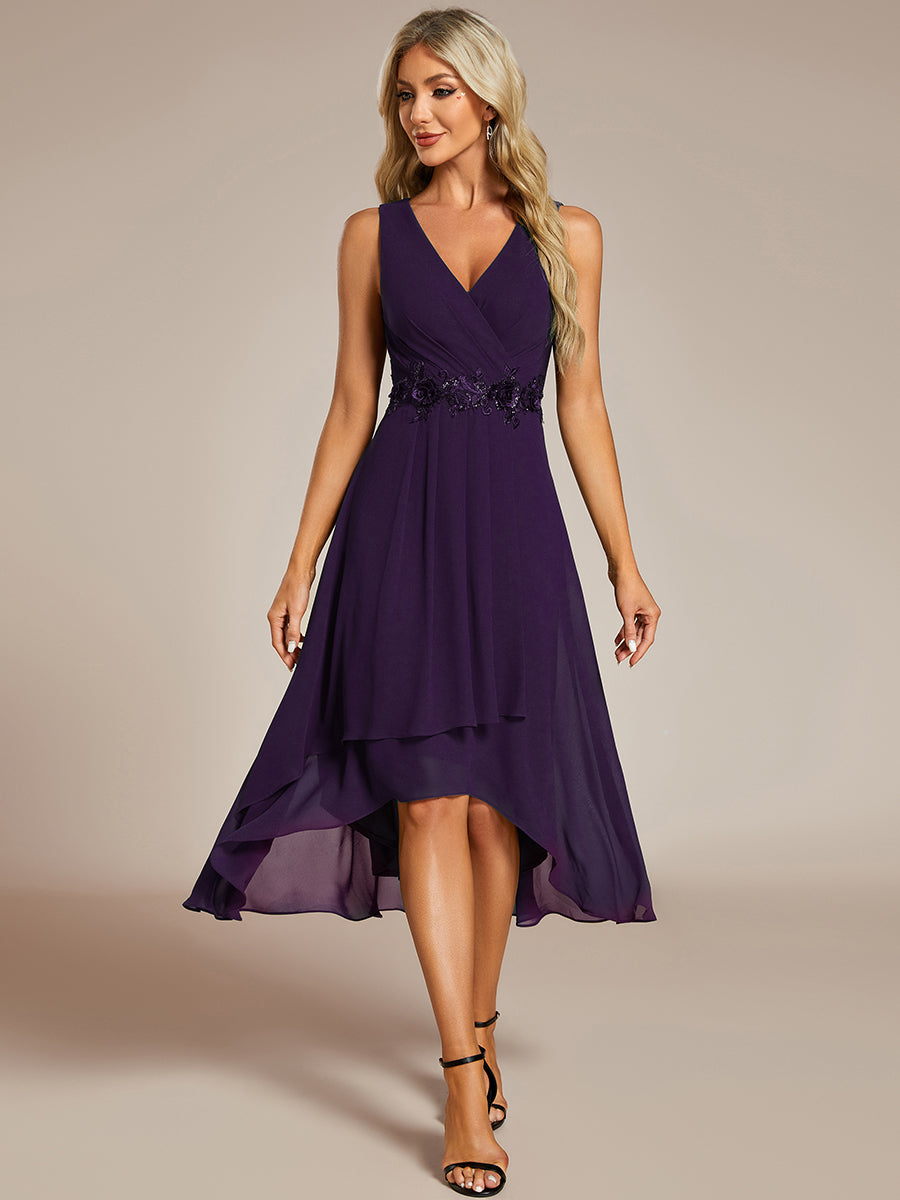 Sleeveless V-Neck High Low Wedding Guest Dress with Floral Applique #color_Dark Purple