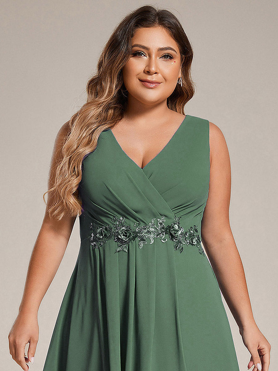Sleeveless V-Neck High Low Wedding Guest Dress with Floral Applique #color_Eucalyptus