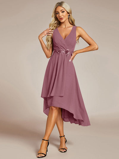 Sleeveless V-Neck High Low Wedding Guest Dress with Floral Applique #color_Purple Orchid