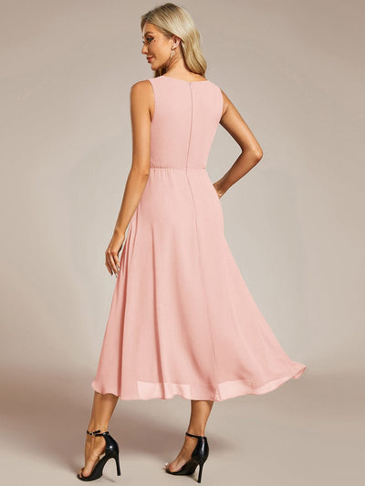 Sleeveless V-Neck High Low Wedding Guest Dress with Floral Applique #color_Pink