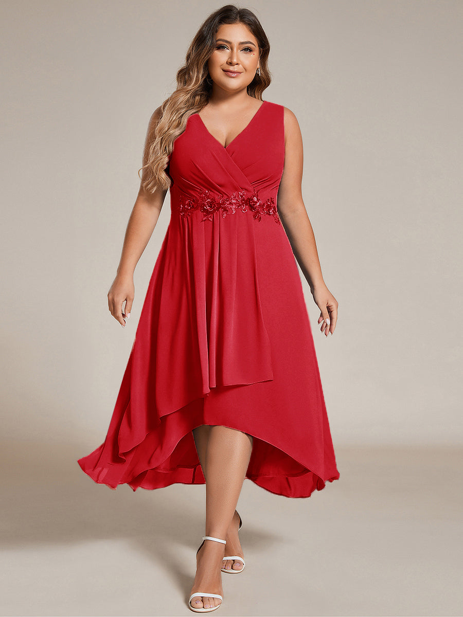 Sleeveless V-Neck High Low Wedding Guest Dress with Floral Applique #color_Red