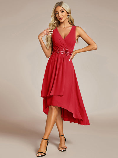 Sleeveless V-Neck High Low Wedding Guest Dress with Floral Applique #color_Red