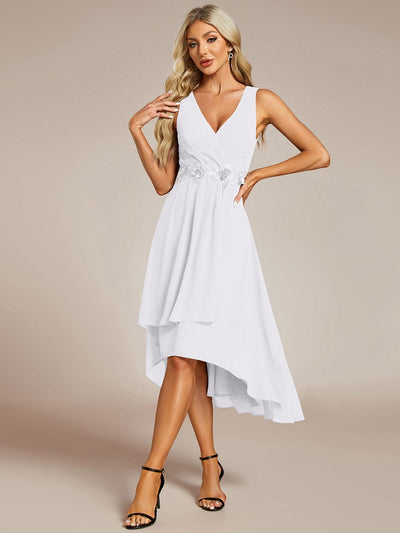 Sleeveless V-Neck High Low Wedding Guest Dress with Floral Applique #color_White