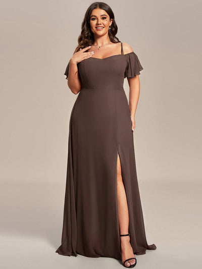 Plus Size Cold Shoulder Formal Bridesmaid Dress with Side Slit #color_Espresso