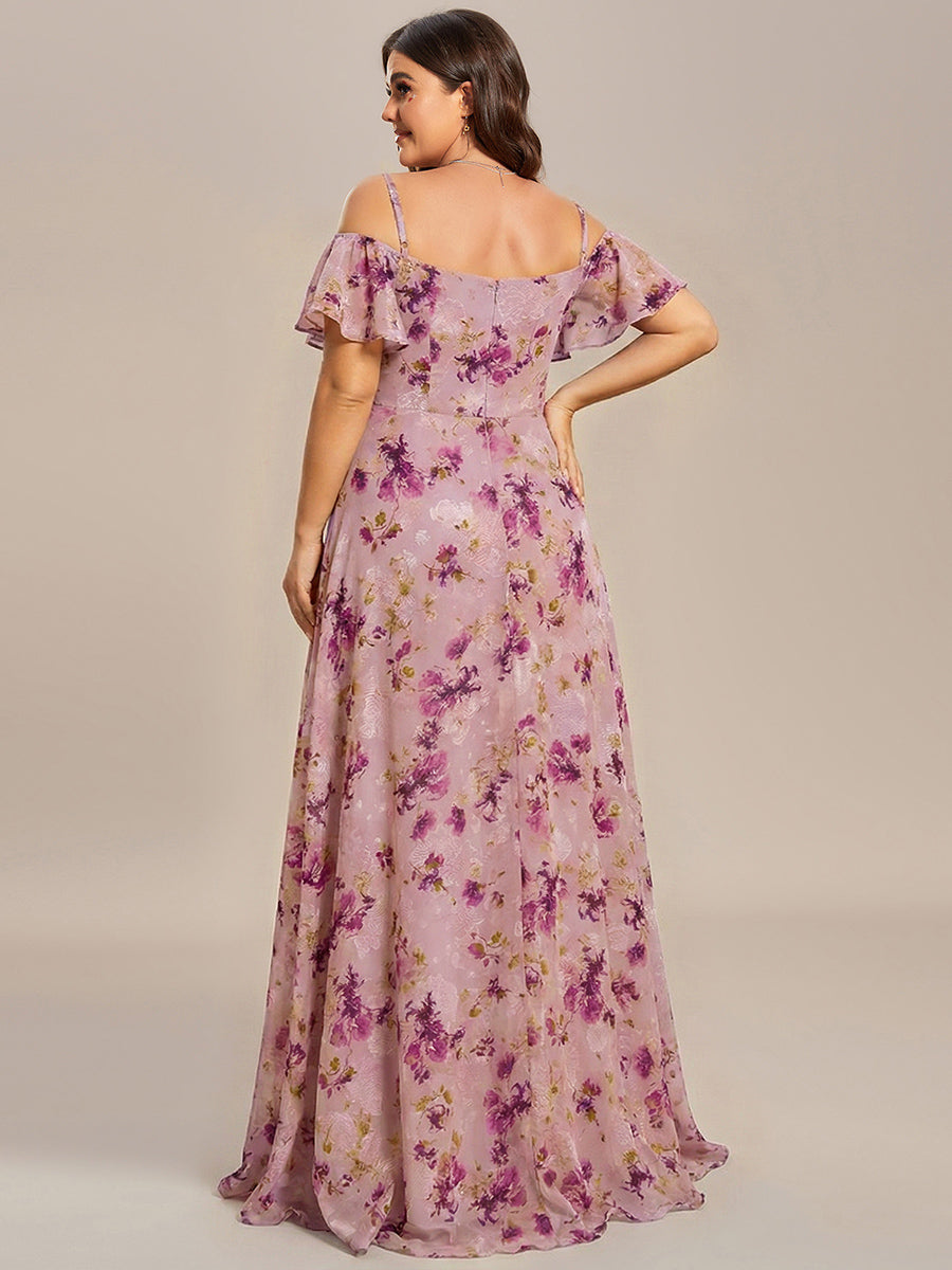 Stylish Cold Shoulder Flare Sleeves Flowy Bridesmaid Dress #color_Light Purple Print