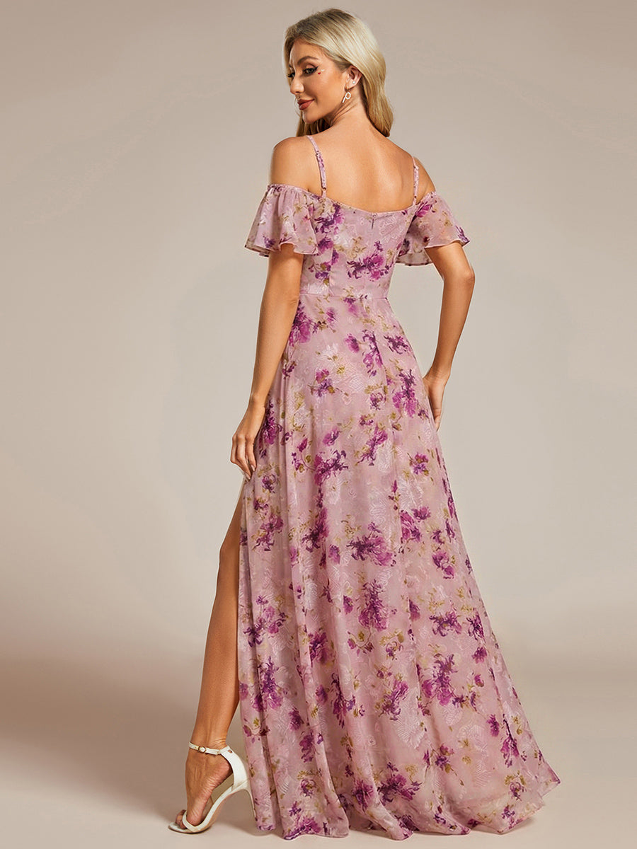 Stylish Cold Shoulder Flare Sleeves Flowy Bridesmaid Dress #color_Light Purple Print