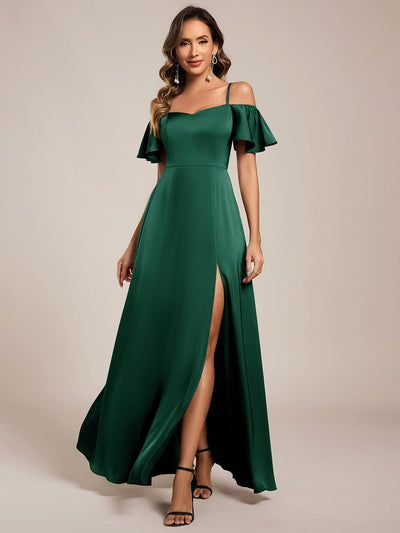 Short Sleeve Off Shoulder A-Line Satin Bridesmaid Dress #color_Dark Green