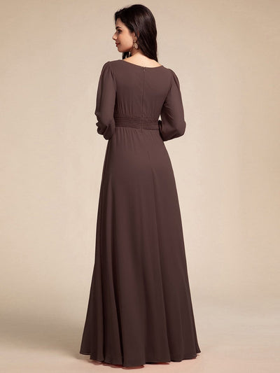 Chiffon Long Sleeve A-Line Round Neckline Formal Dress #color_Espresso