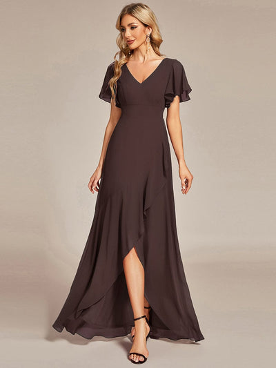 Ruffles Sleeve V-Neck Chiffon Bridesmaid Dress #color_Espresso