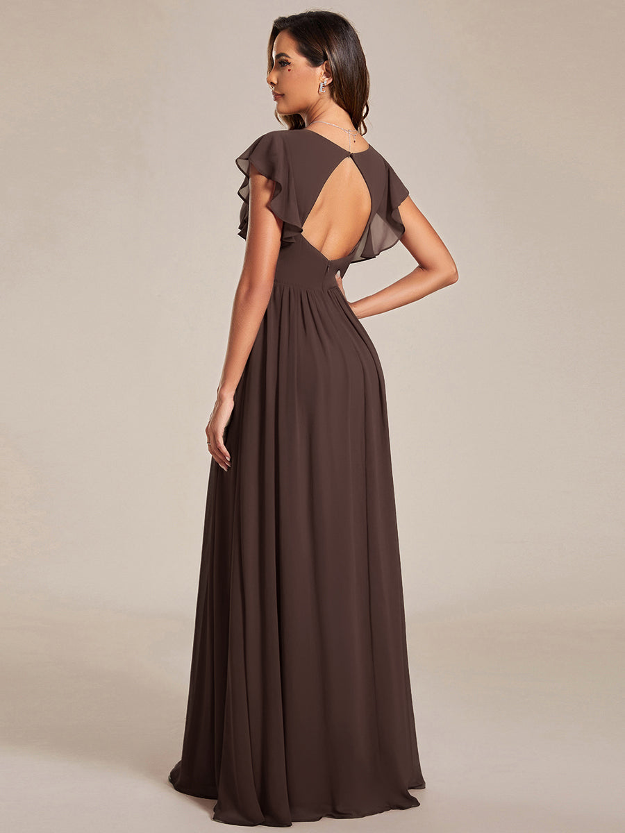 Back Cutout A-Line Pleated Ruffles Sleeve Chiffon Bridesmaid Dress #color_Espresso