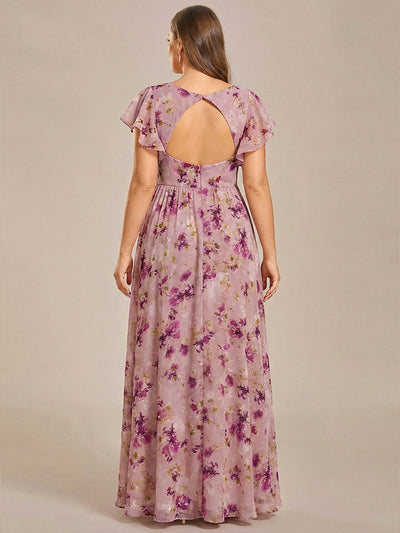 Plus Size Chiffon Pleated A-Line Back CutouT Bridesmaid Dress #color_Light Purple Print