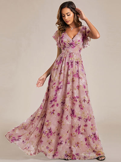 Pleated Chiffon Ruffle Sleeve Bridesmaid Dress #color_Light Purple Print