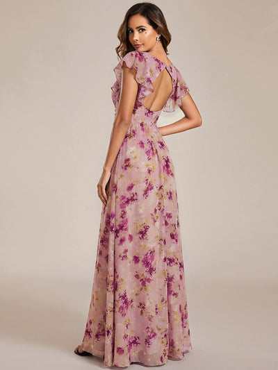 Back Cutout A-Line Pleated Ruffles Sleeve Chiffon Bridesmaid Dress #color_Light Purple Print