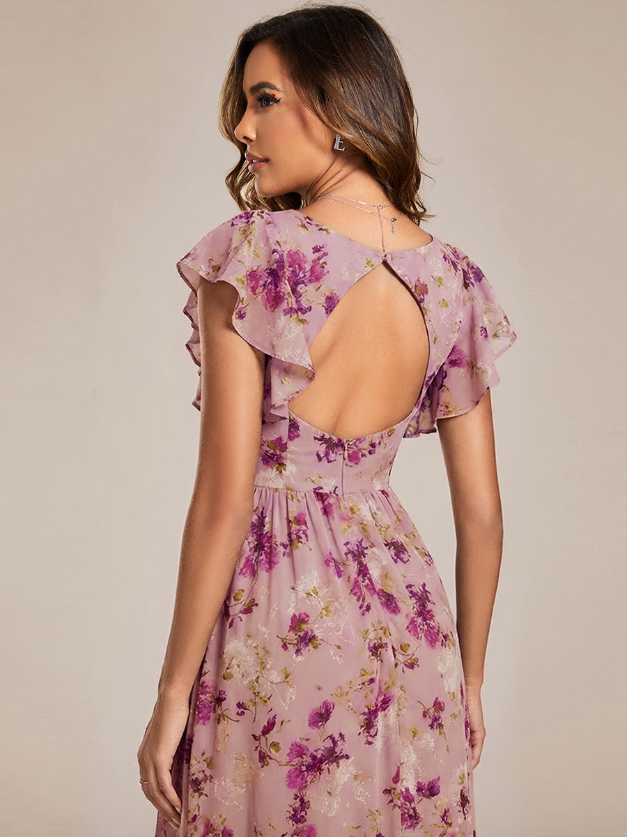 Pleated Chiffon Ruffle Sleeve Bridesmaid Dress #color_Light Purple Print