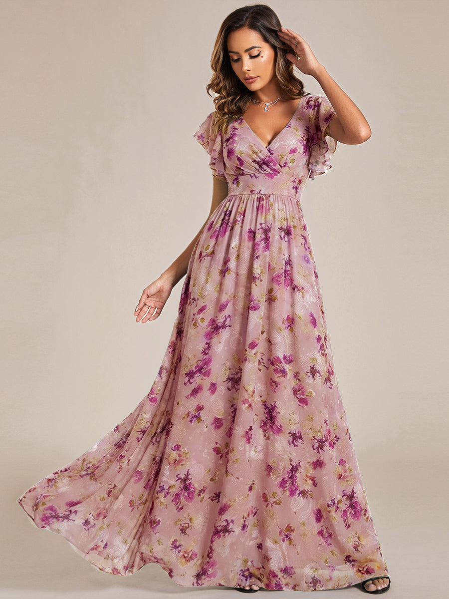 Back Cutout A-Line Pleated Ruffles Sleeve Chiffon Bridesmaid Dress #color_Light Purple Print