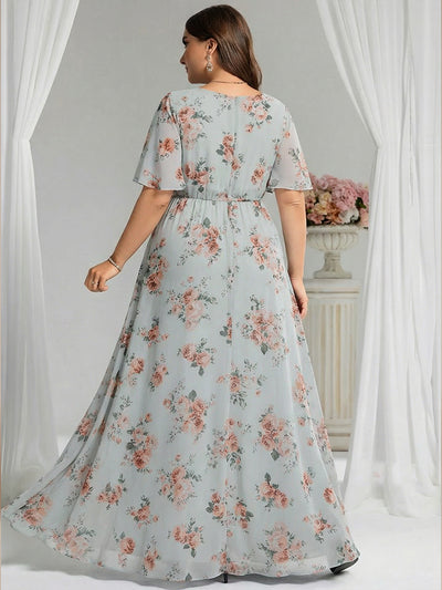 Plus Size Simple Chiffon Pleated A-Line Round Neckline Bridesmaid Dress #color_Amber Bloom