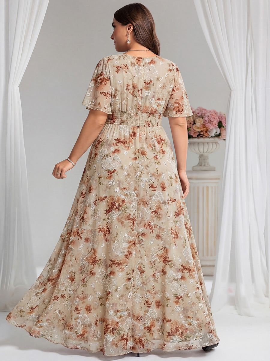 Ruched Chiffon Ruffle Sleeve Bridesmaid Dress #color_Champagne Print