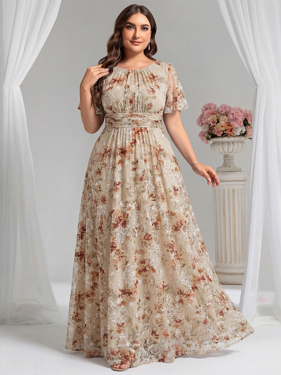 Plus Size Champagne Print Floor Length Wedding Guest Dresses with Sleeves