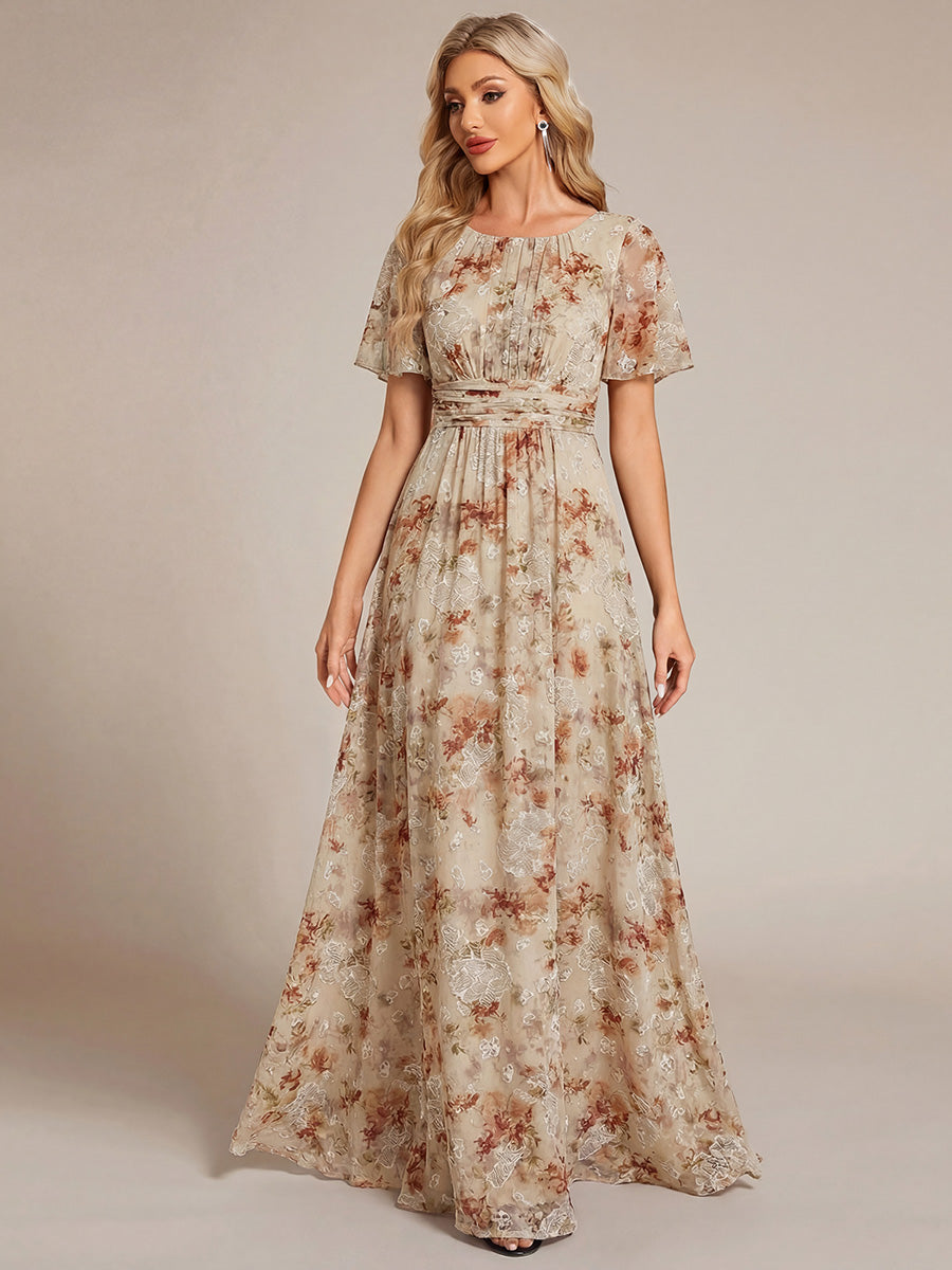 Ruched Chiffon Ruffle Sleeve Bridesmaid Dress #color_Champagne Print