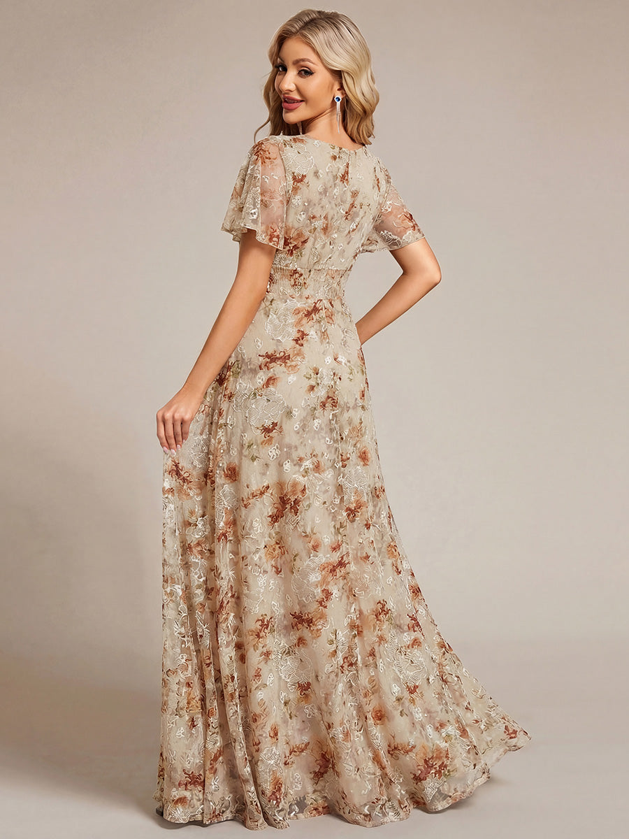 Ruched Chiffon Ruffle Sleeve Bridesmaid Dress #color_Champagne Print