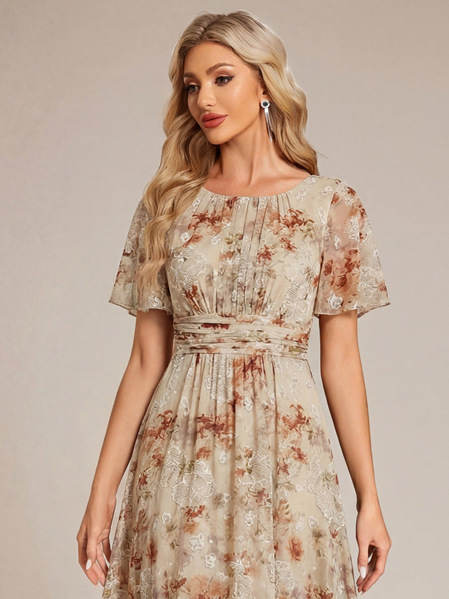 Ruched Chiffon Ruffle Sleeve Bridesmaid Dress #color_Champagne Print