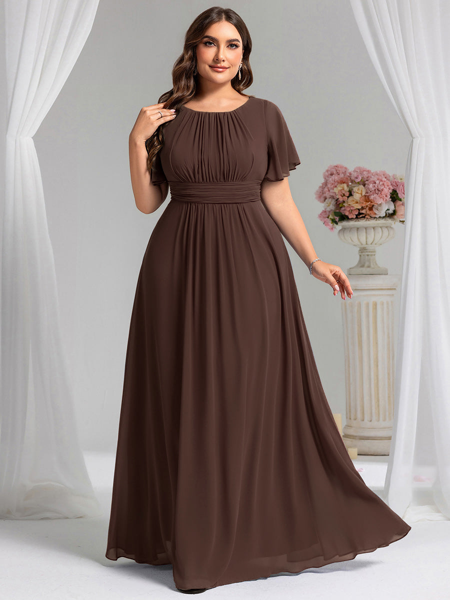 Plus Size Simple Chiffon Pleated A-Line Round Neckline Bridesmaid Dress #color_Espresso