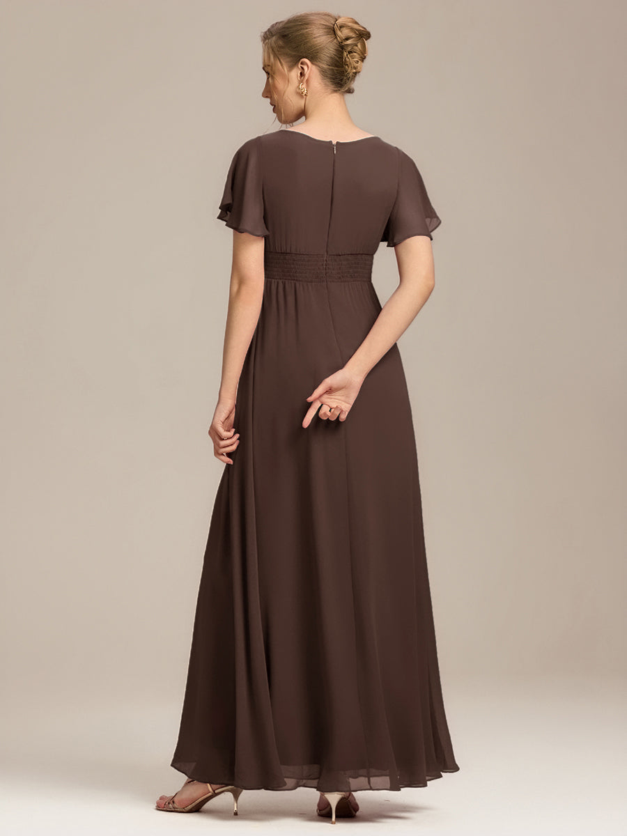 Simple Chiffon Pleated A-Line Round Neckline Bridesmaid Dress #color_Espresso