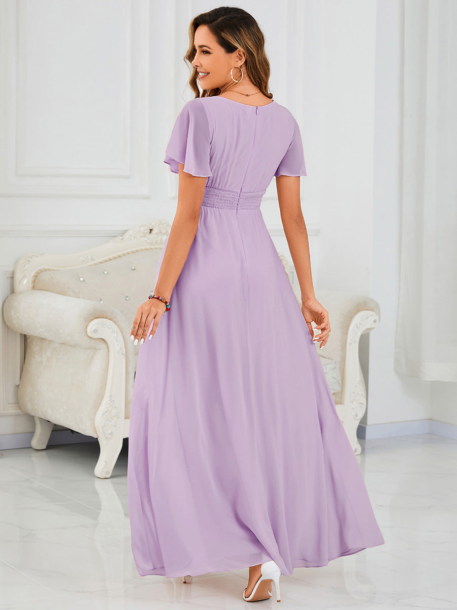 Ruched Chiffon Ruffle Sleeve Bridesmaid Dress #color_Frosted Lilac