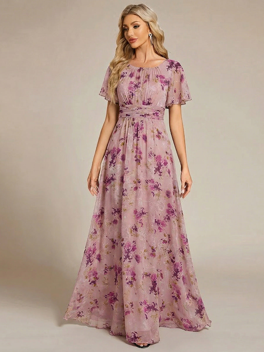 Ruched Chiffon Ruffle Sleeve Bridesmaid Dress #color_Light Purple Print