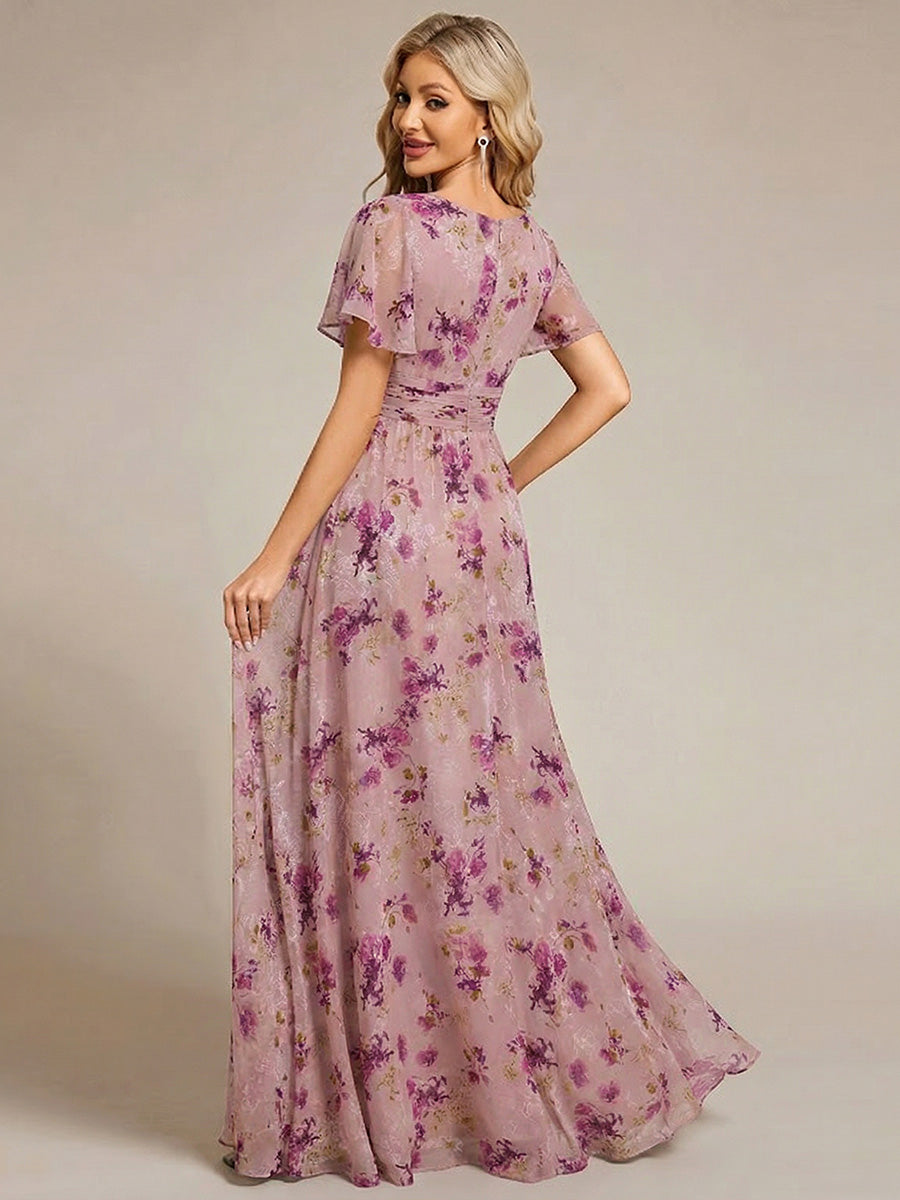 Ruched Chiffon Ruffle Sleeve Bridesmaid Dress #color_Light Purple Print