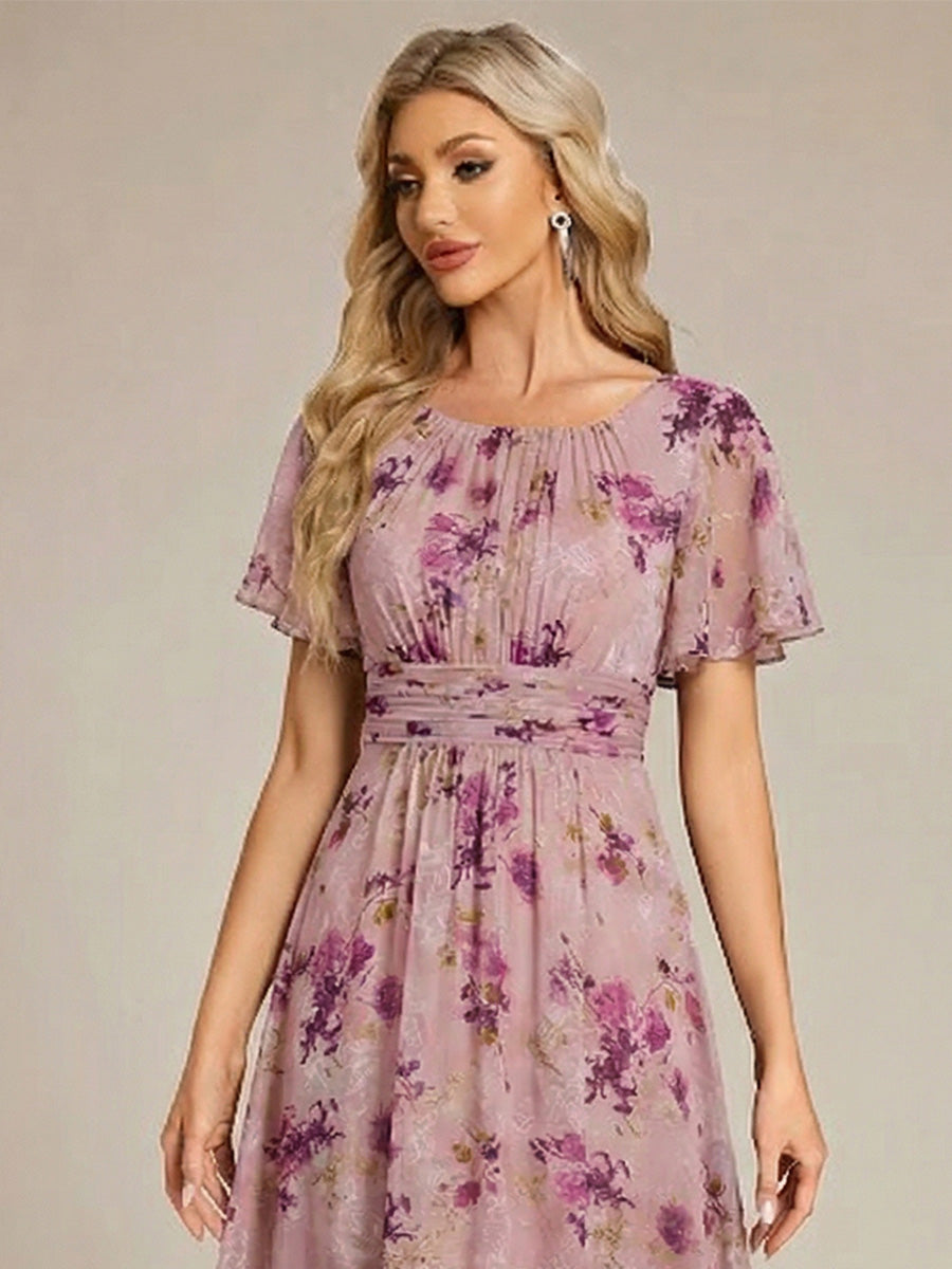 Ruched Chiffon Ruffle Sleeve Bridesmaid Dress #color_Light Purple Print