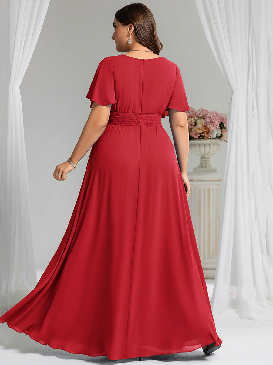 Simple Chiffon Pleated A-Line Round Neckline Bridesmaid Dress #color_Red