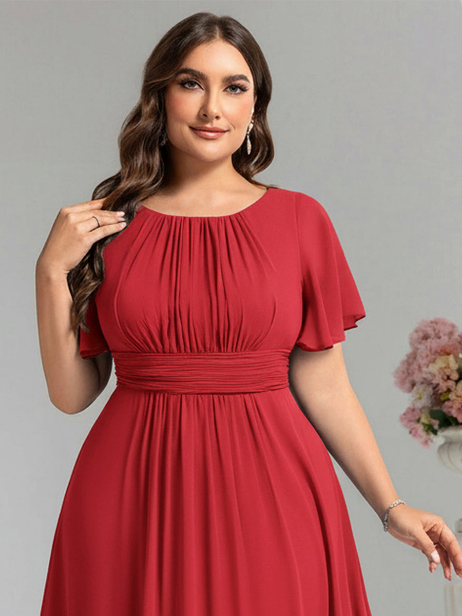Simple Chiffon Pleated A-Line Round Neckline Bridesmaid Dress #color_Red