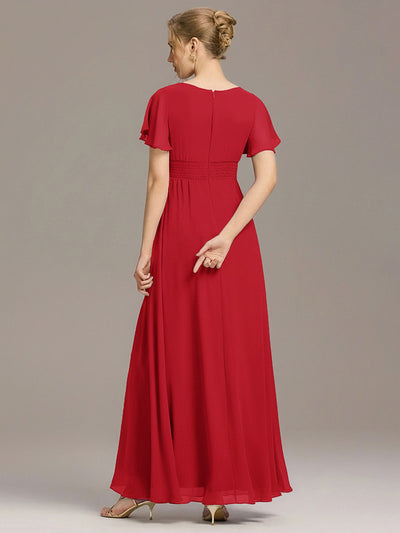 Plus Size Simple Chiffon Pleated A-Line Round Neckline Bridesmaid Dress #color_Red